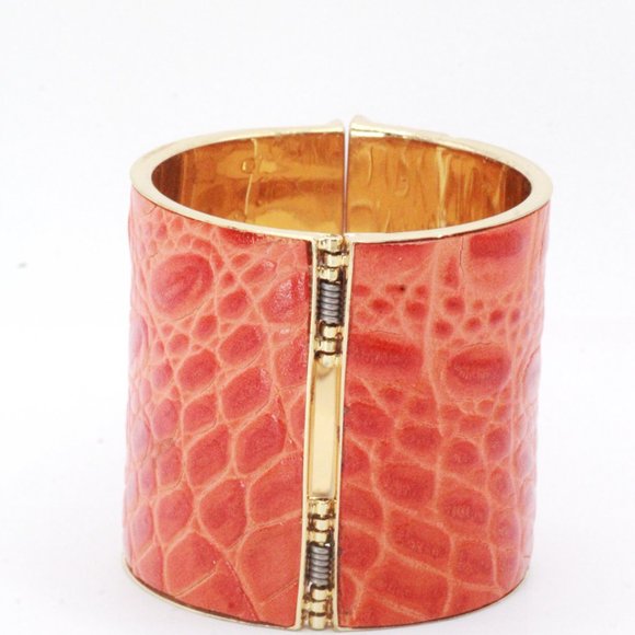 Fabrizio Giannone Designer Signed Orange Color Leather Gold Stone Clamp Bracelet - Picture 10 of 12